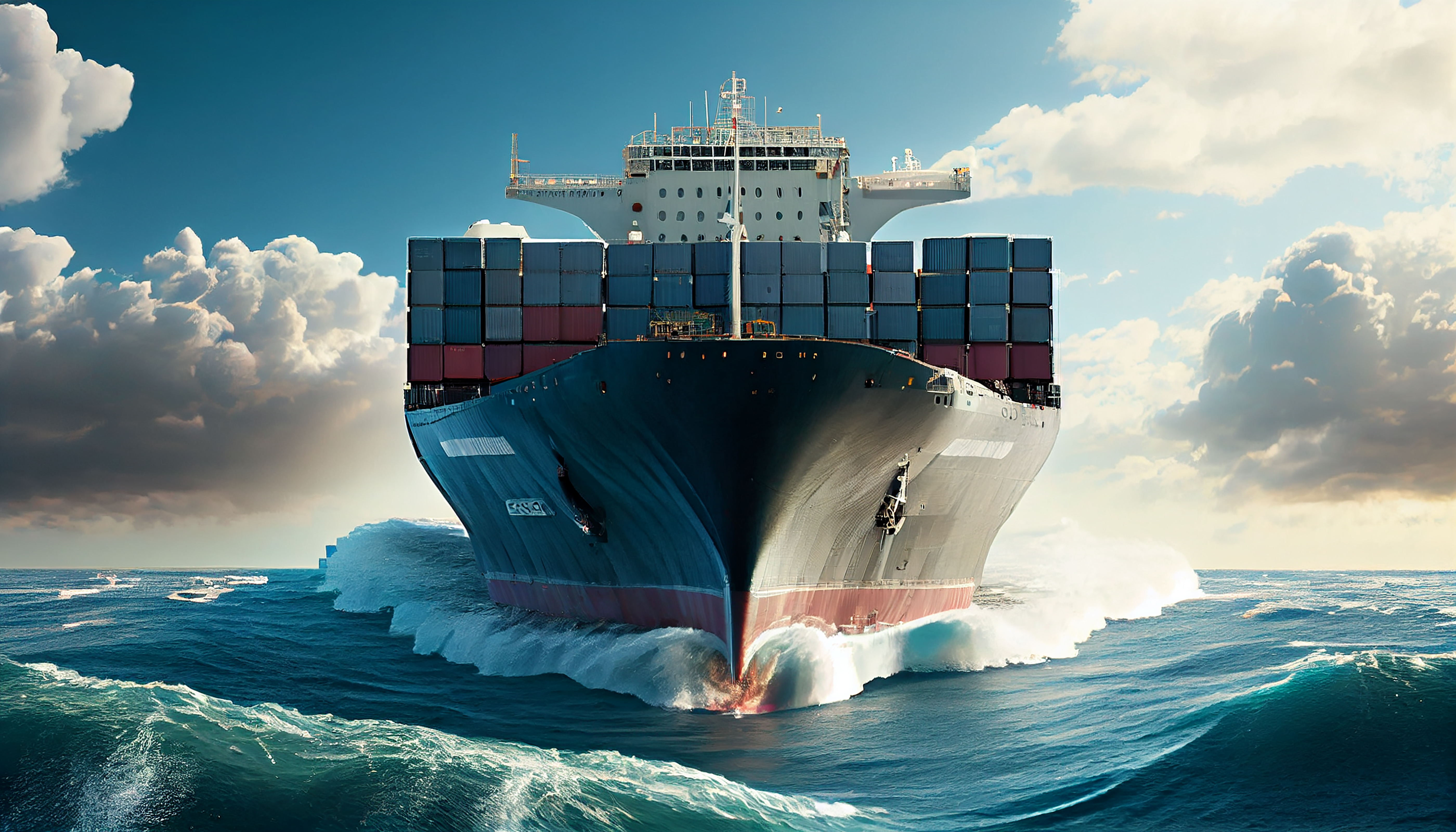 Front view of large container cargo vessel on ocean water